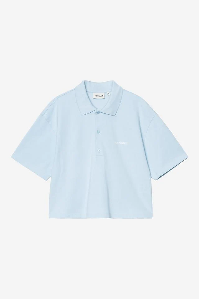 Carhartt WIP W' S/S Carhartt Script Polo TS Cotton Garment Washed Piqué, 240 g/m² (Icaria / White)